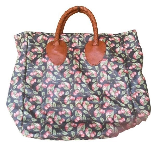 Cherry Motif Plastic-Coated Tote Bag with Leather Braided Handles - Picture 1 of 15
